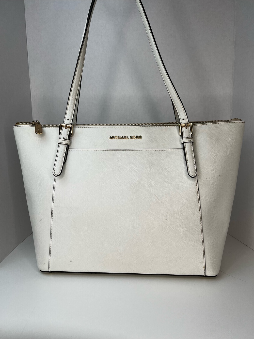 Michael Kors Cream Leather Tote with Gold Accents